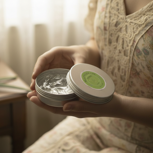 Person holding a stack of small containers with lids in a softly lit room.
