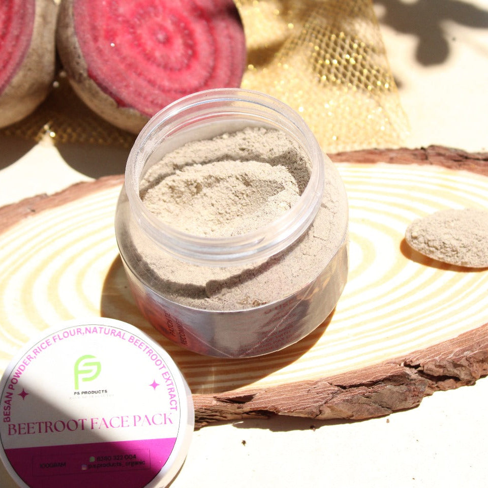 Beetroot face pack in a container on a wooden surface