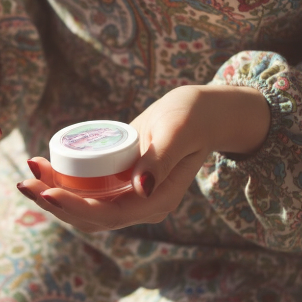 Two small containers of lip balm held by a person in a patterned outfit.