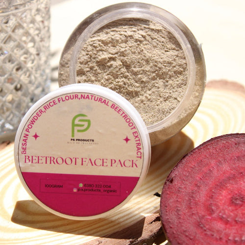 Beetroot face pack with ingredients and packaging on a wooden surface