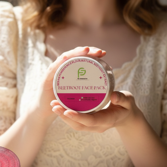 Person holding a face pack container with a blurred background
