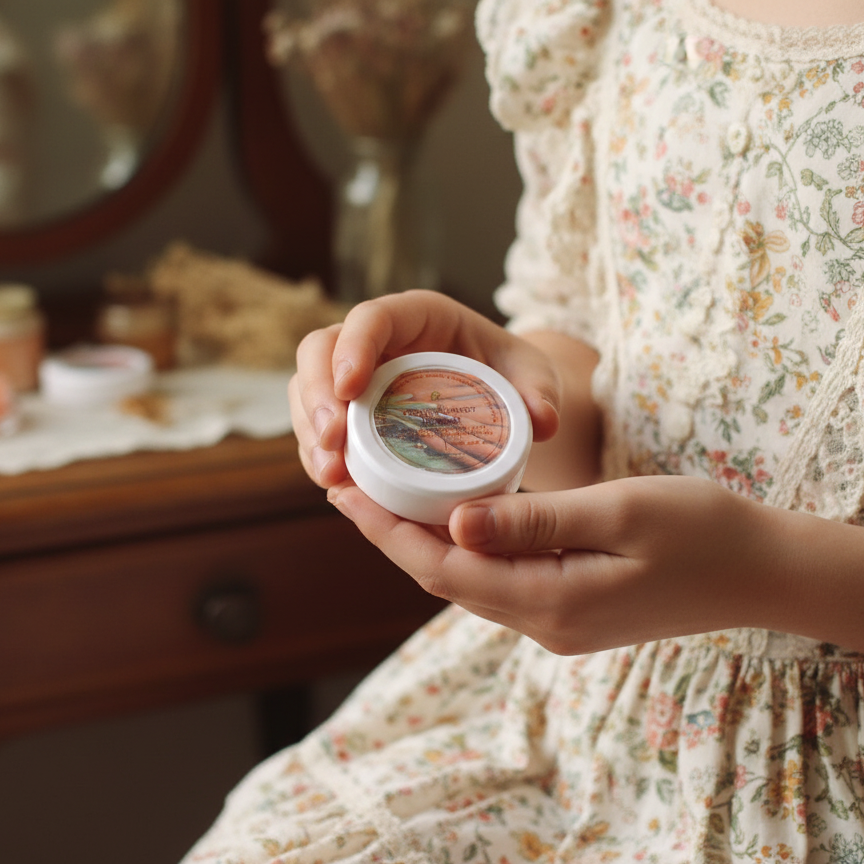 Person holding a small round container with a floral design, sitting in front of a vanity mirror.