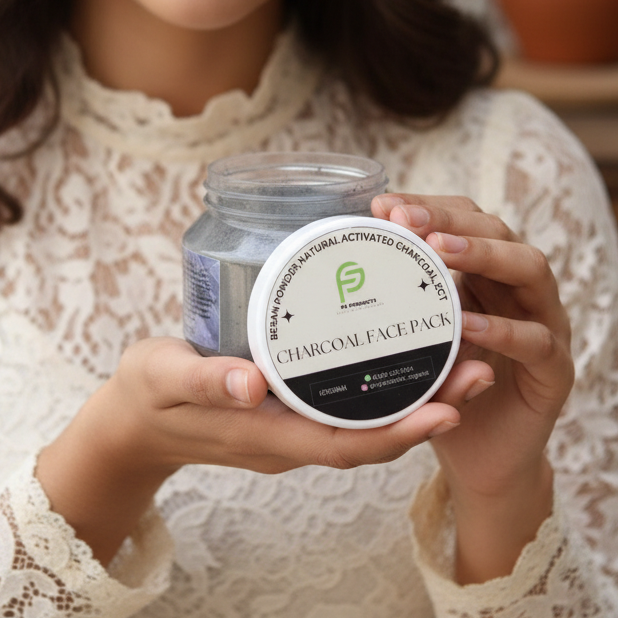 Woman holding a jar of charcoal face pack with a blurred indoor background