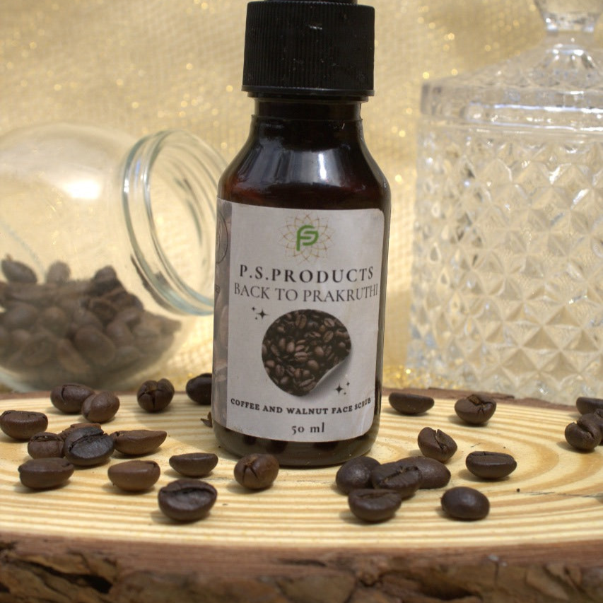 Bottle of P.S. Products with coffee beans on a wooden surface