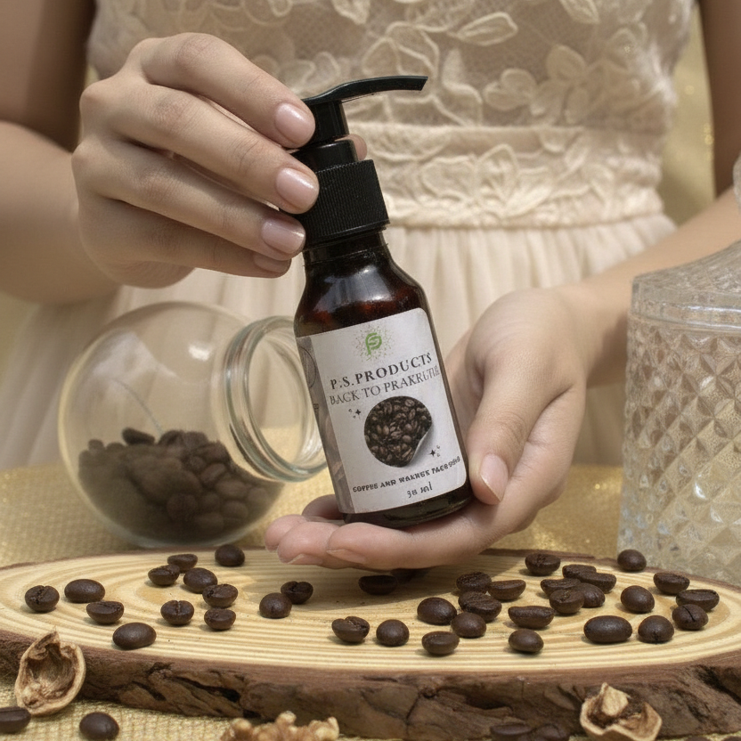 Person holding a bottle labeled 'P.S. Products' with coffee beans and walnuts on a wooden surface.