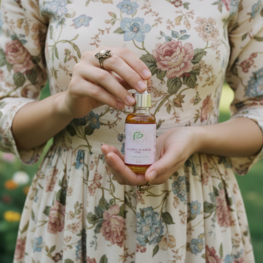 Person holding a small bottle with a floral dress in an outdoor setting