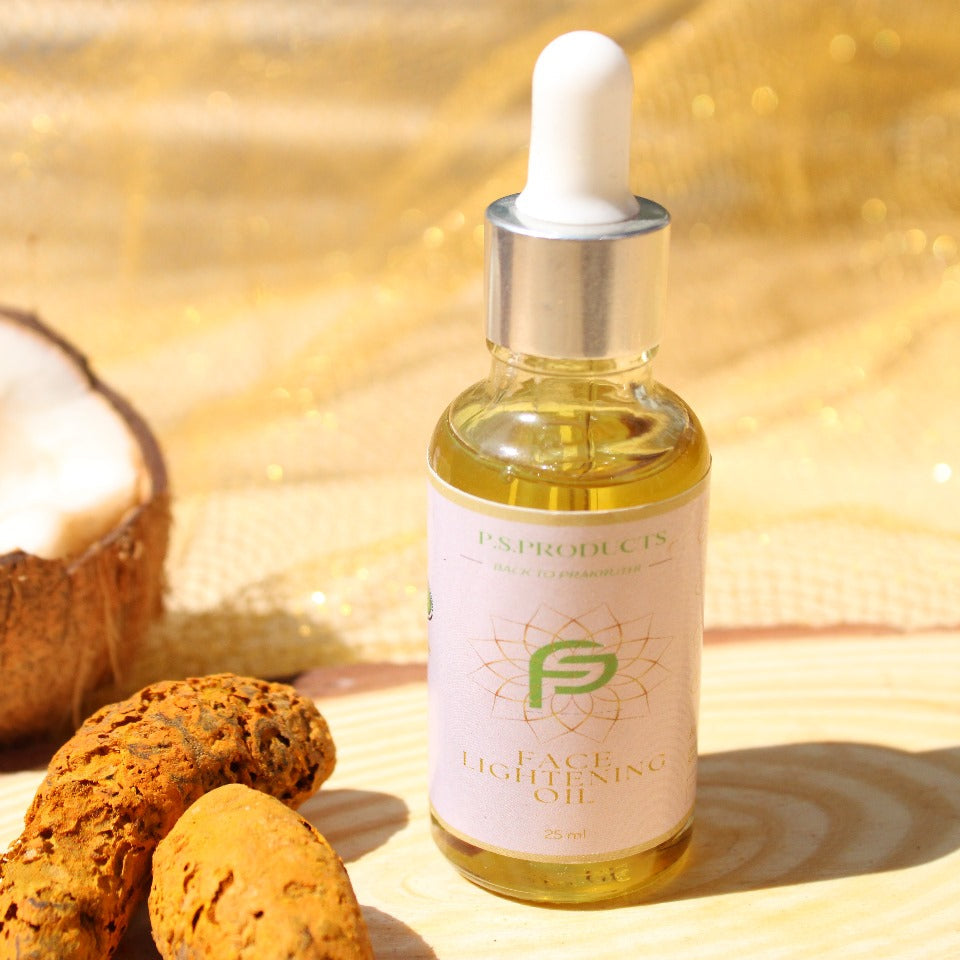 Bottle of facial oil with a dropper on a textured yellow surface with a coconut and brown stones.