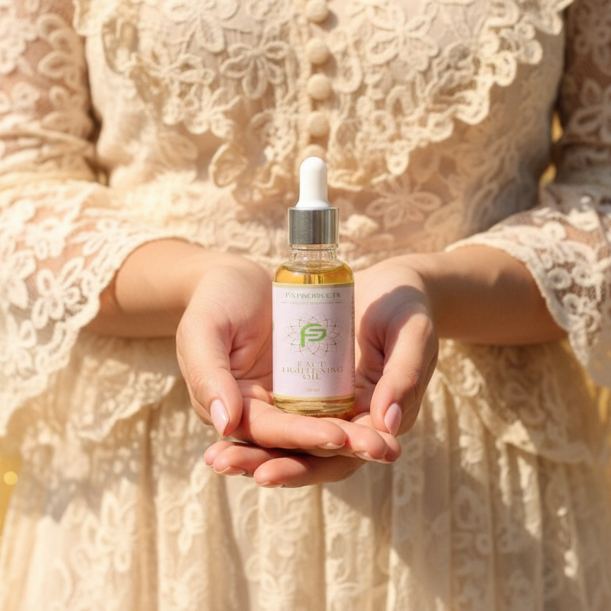 Person holding a dropper bottle with a gold liquid against a blurred background