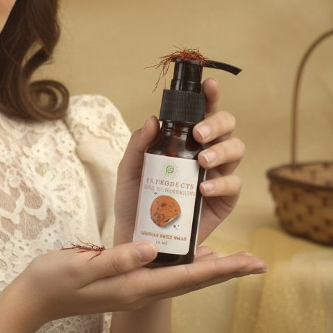 Woman holding a bottle with a beige background