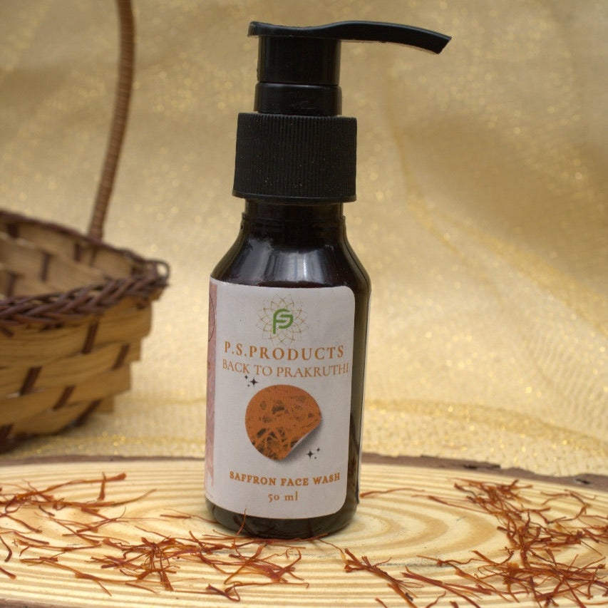 Bottle of P.S. Products on a wooden surface with a flower basket in the background