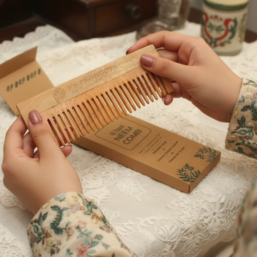 Person holding a wooden comb and its packaging on a lace tablecloth.