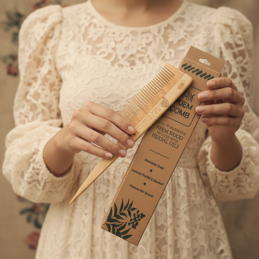 Person holding a wooden comb and its packaging with a floral background