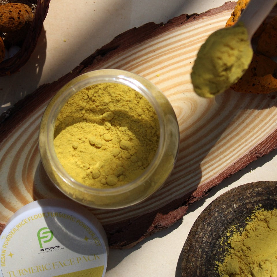 Jar of yellow powder on a wooden surface with a label