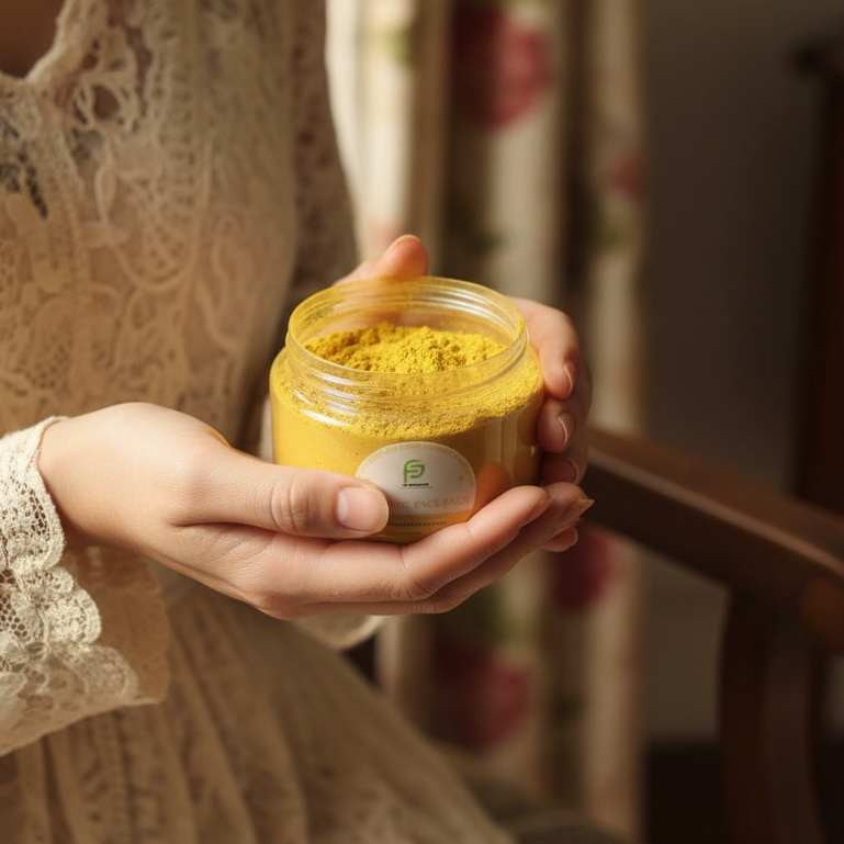 Person holding a jar of yellow powder with a blurred background