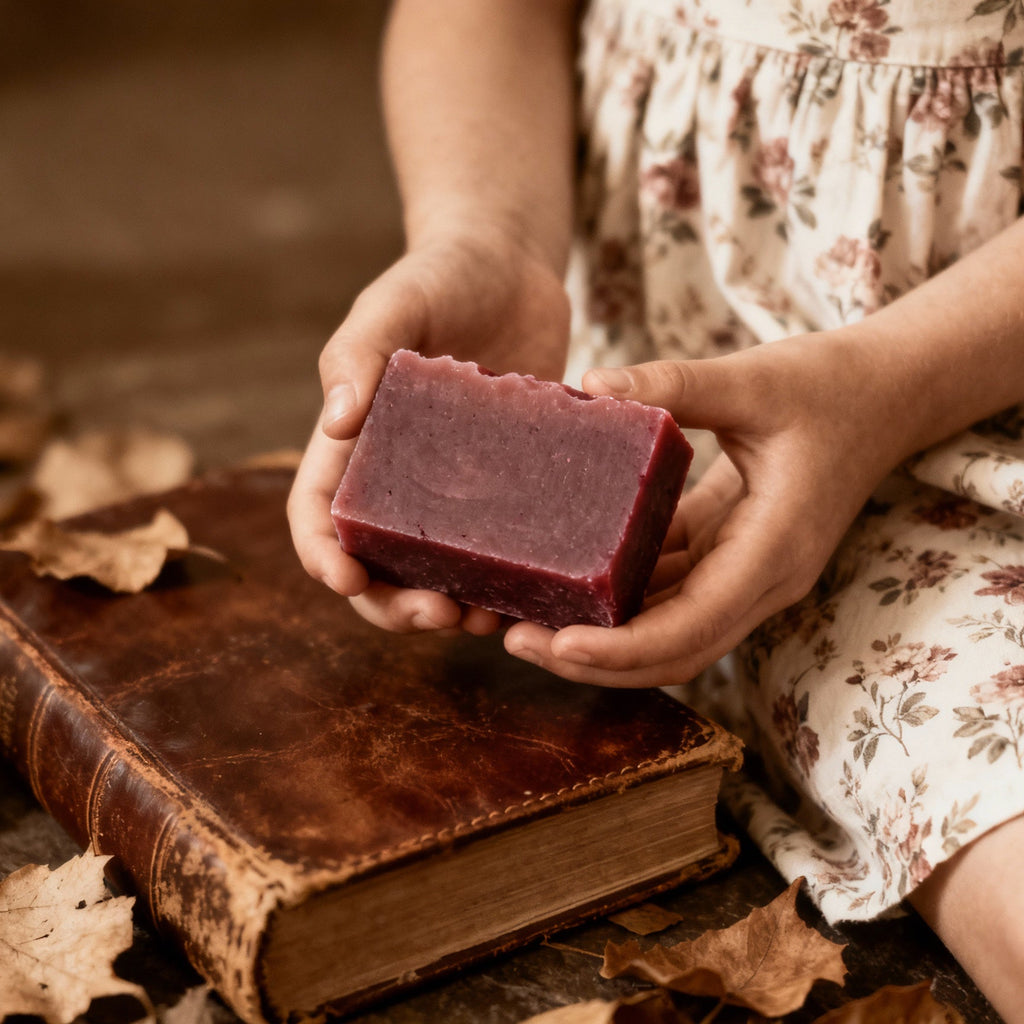 Child holding a red bar of soap over an old book on a leaf-covered surface