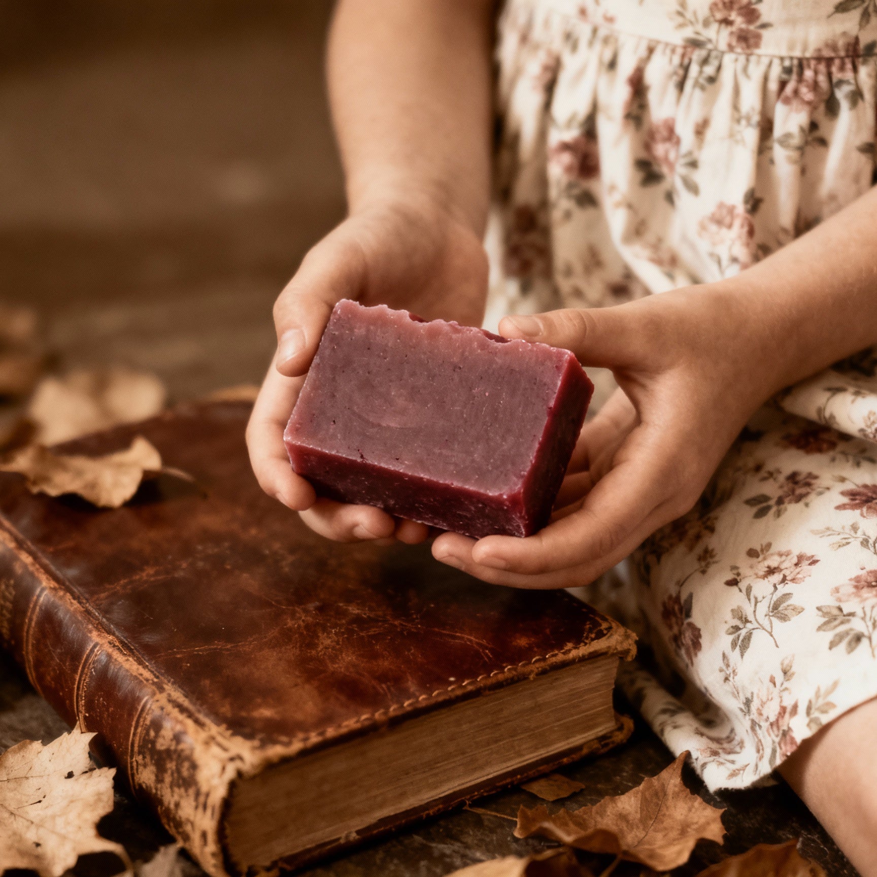Child holding a red bar of soap over an old book on a leaf-covered surface