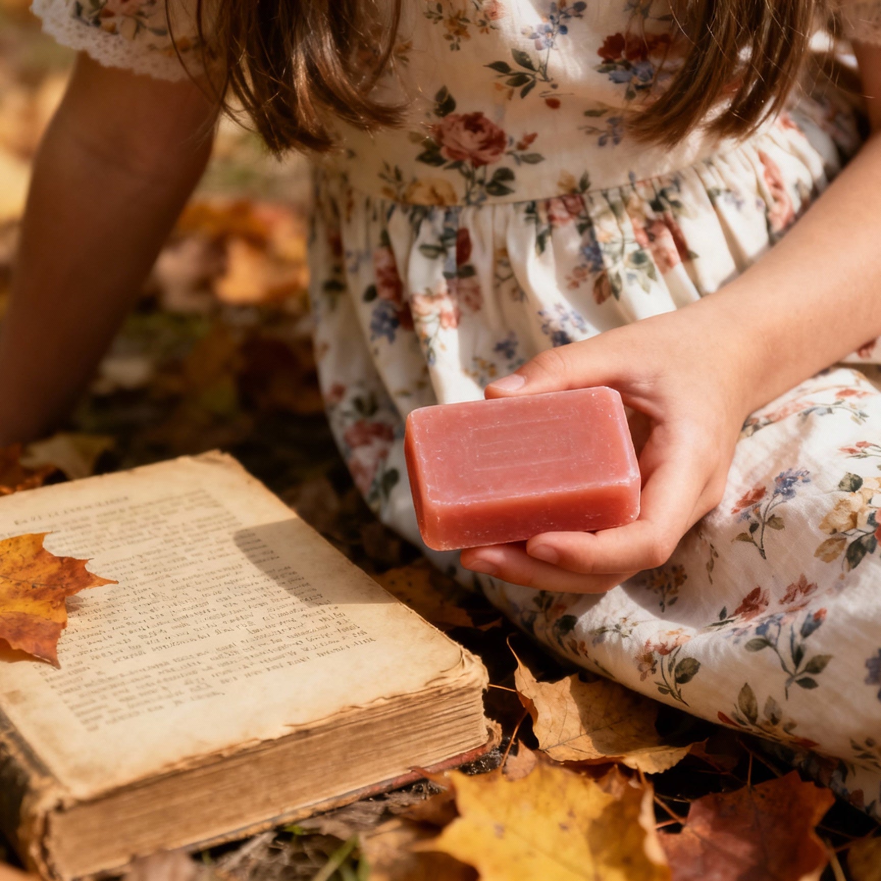 Child in floral dress holding pink soap near an open book on autumn leaves