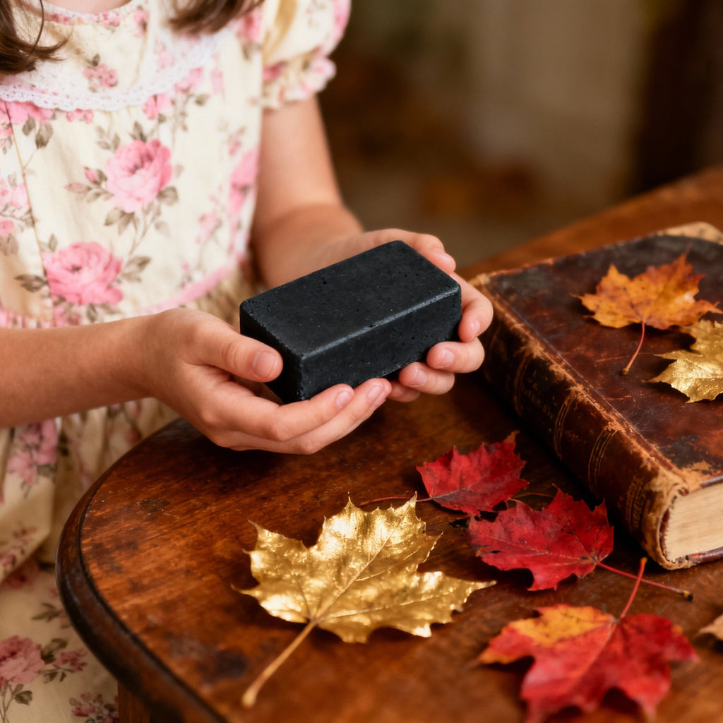 Child holding a black box next to an old book with autumn leaves on a wooden table.