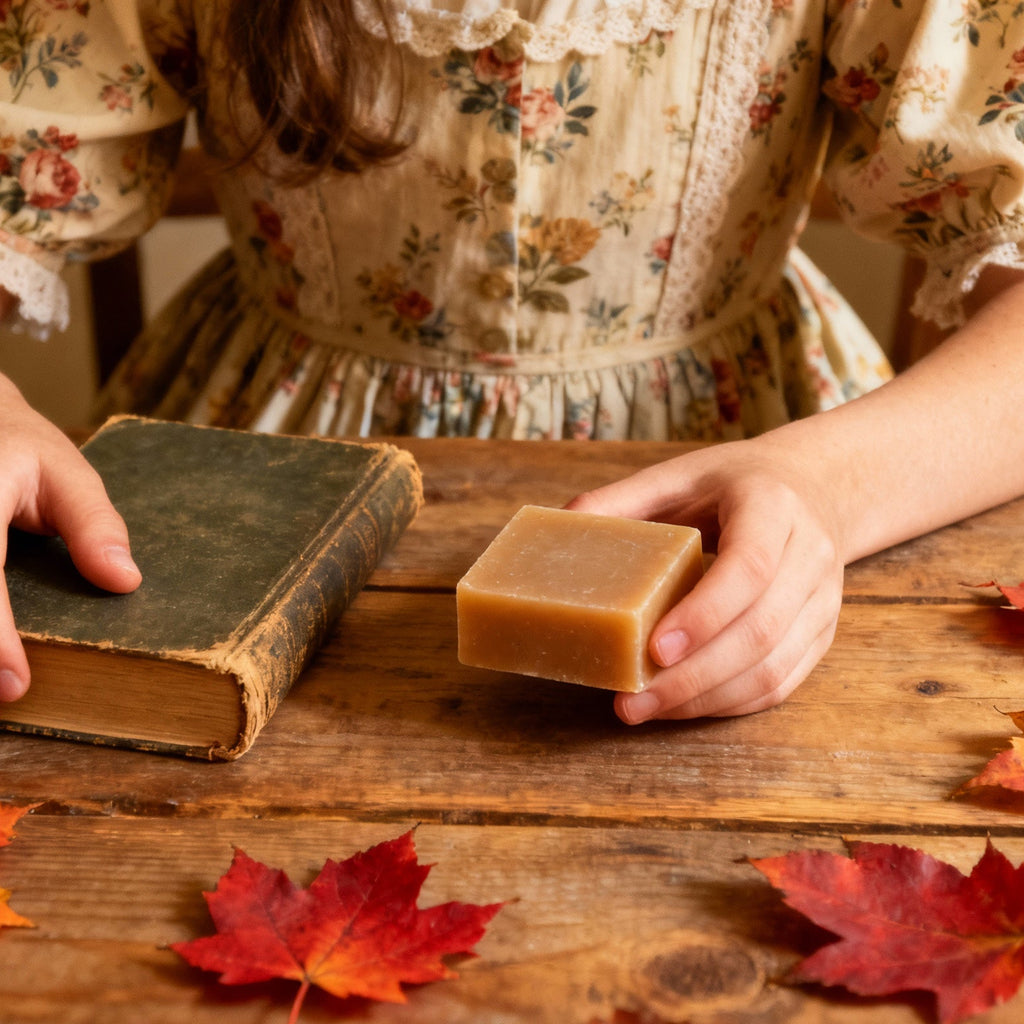 Person holding a book and a bar of soap on a wooden table with autumn leaves.