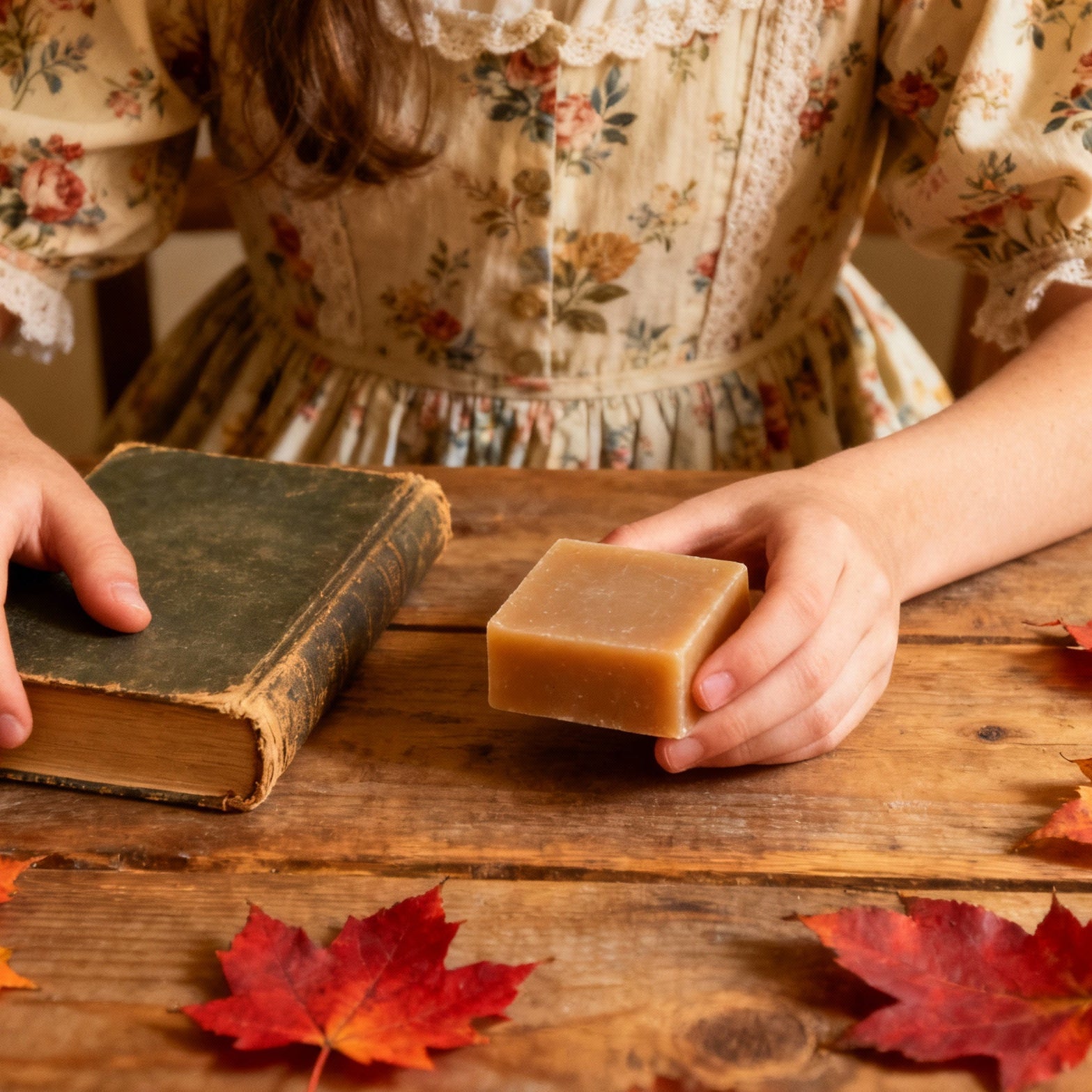Person holding a book and a bar of soap on a wooden table with autumn leaves.